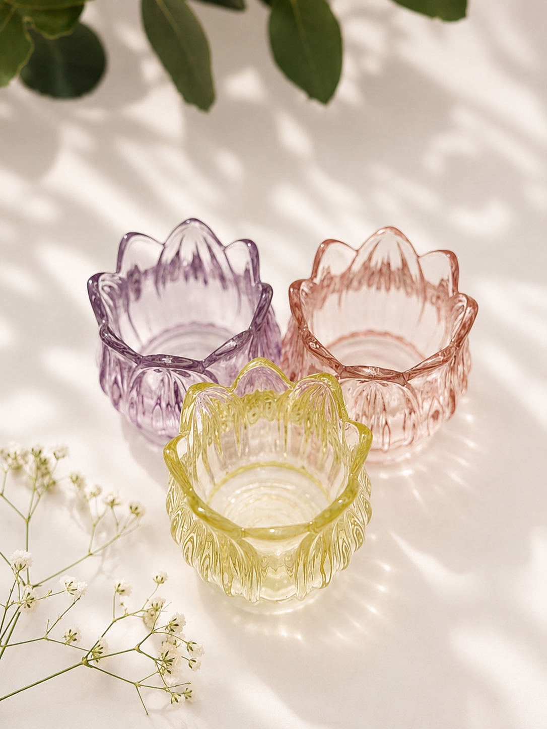 Portavelas de vidrio tulipán SET 3 rosa, amarillo y morado