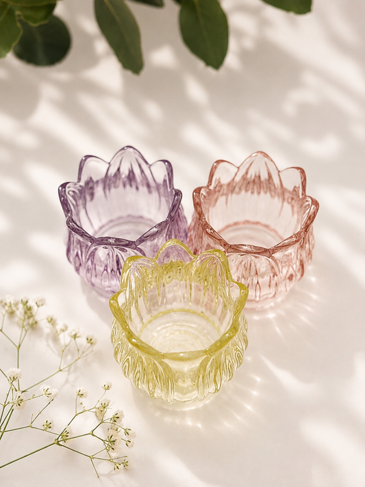 Portavelas de vidrio tulipán SET 3 rosa, amarillo y morado