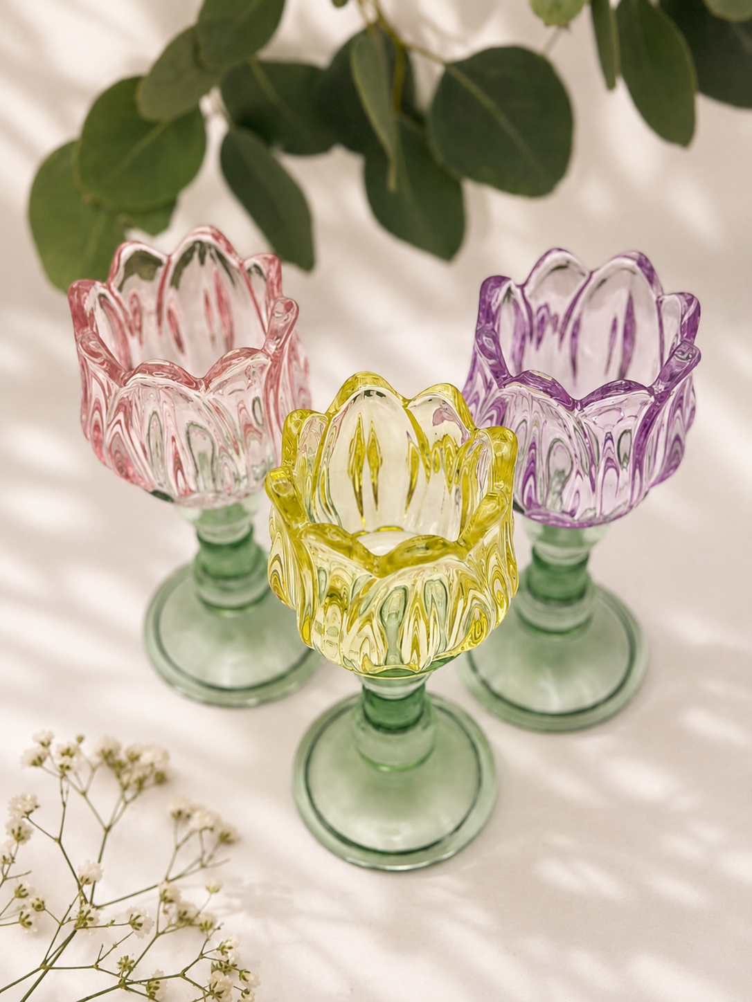 Porta velas copa de vidrio tulipán SET de 3 rosa, amarillo y morado