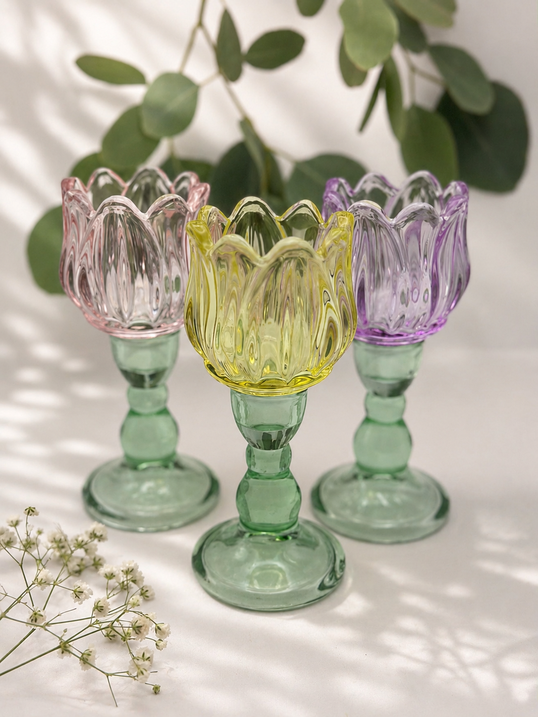 Porta velas copa de vidrio tulipán SET de 3 rosa, amarillo y morado