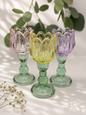 Porta velas copa de vidrio tulipán SET de 3 rosa, amarillo y morado
