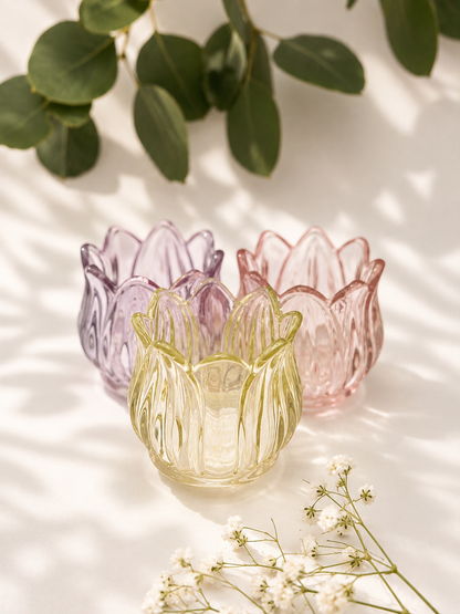 Portavelas de vidrio tulipán SET 3 rosa, amarillo y morado
