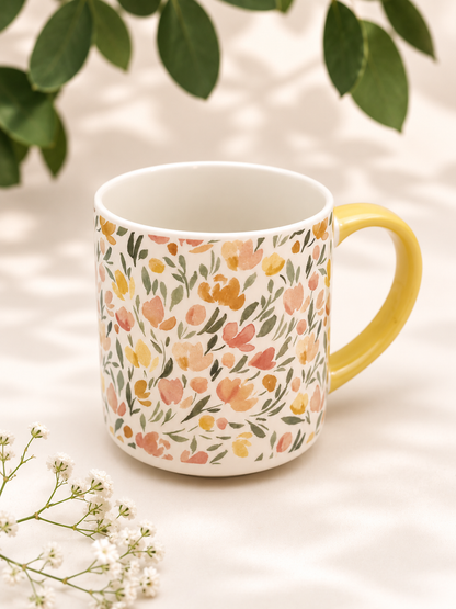 Taza de porcelana flores amarillo pastel